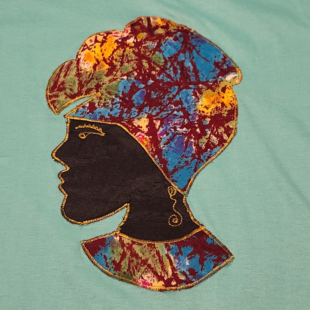 Roykawim Graphic Tee Women XL Teal‎ African Woman Applique Embroidered Cotton